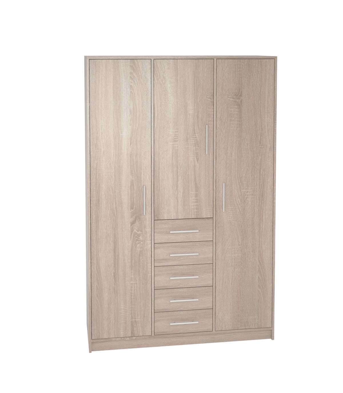 Armario 3 Puertas Abatibles 5 Cajones Acabado Roble, 200 Cm(alto)130 Cm(ancho)50 Cm(fondo)_0