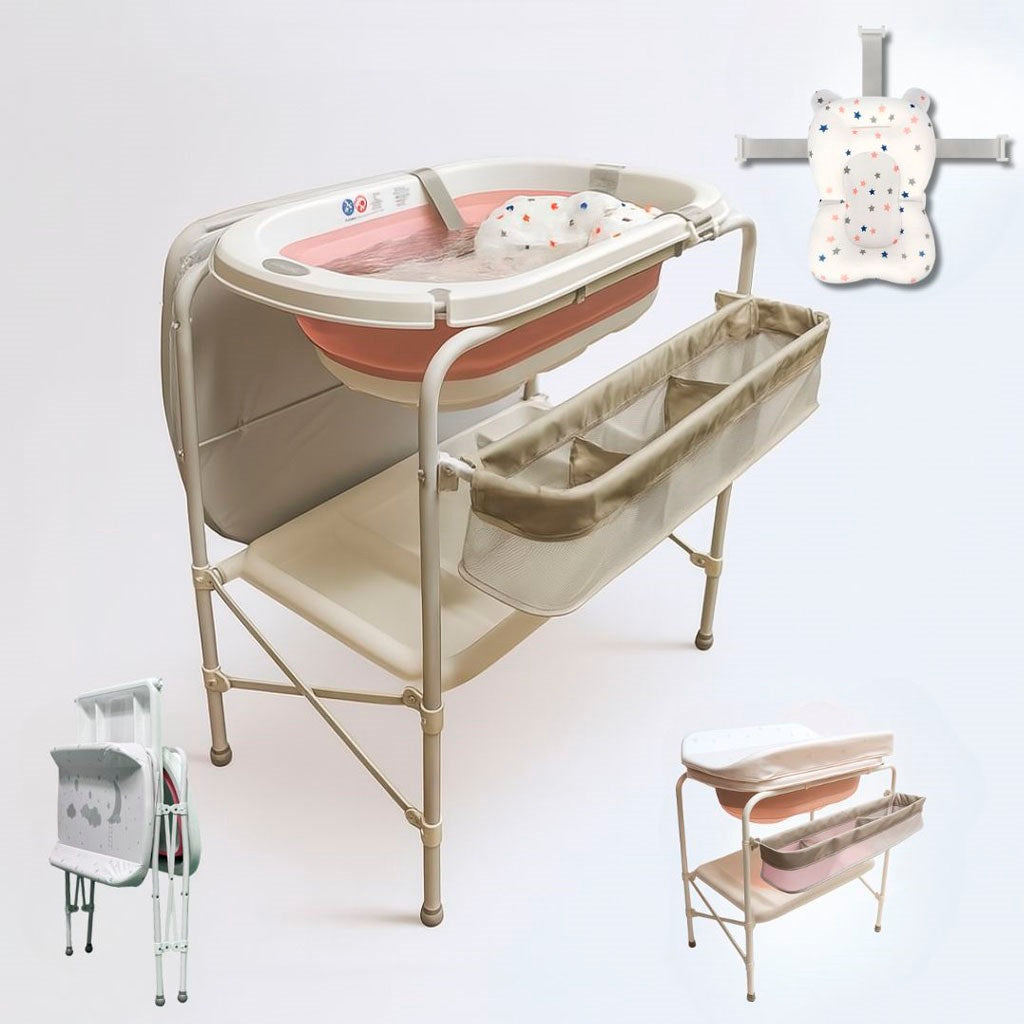 Bathby | Bañera Bebé 5 En 1 Plegable Con Soporte, Cojín Antideslizante, Cambiador (rosa Pro)