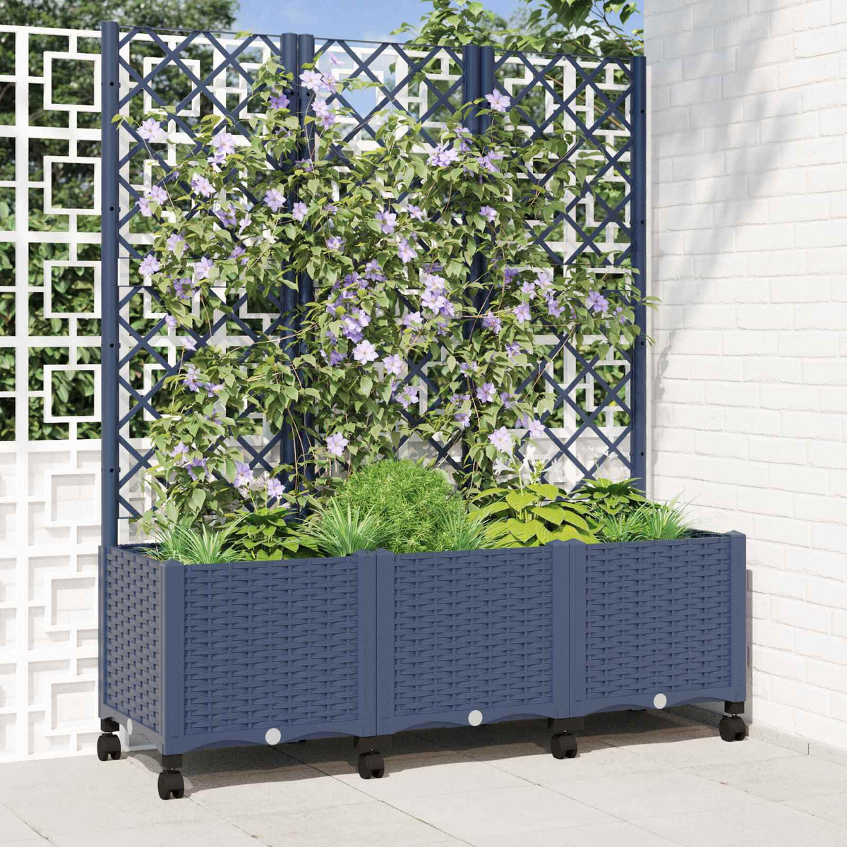 Jardinera Con Enrejado Y Ruedas Gris Azulado 120 X 40 X 146 Cm_1