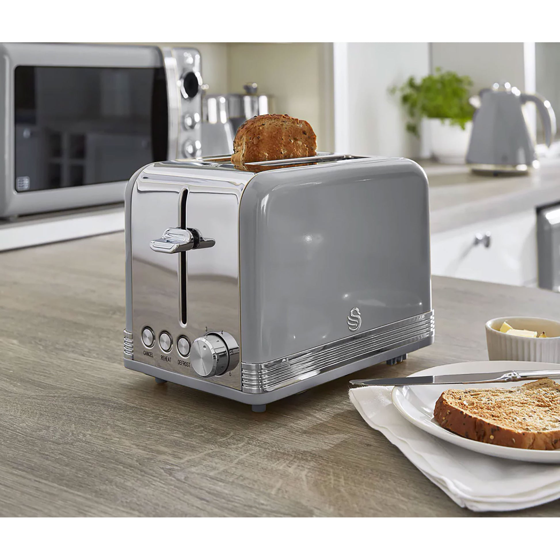 Swan Retro Set Desayuno Hervidor De Agua 1,8 L Inalámbrico, Tostadora 2 Rebanadas Anchas, Vintage, Stp7050grneu, Gris_1