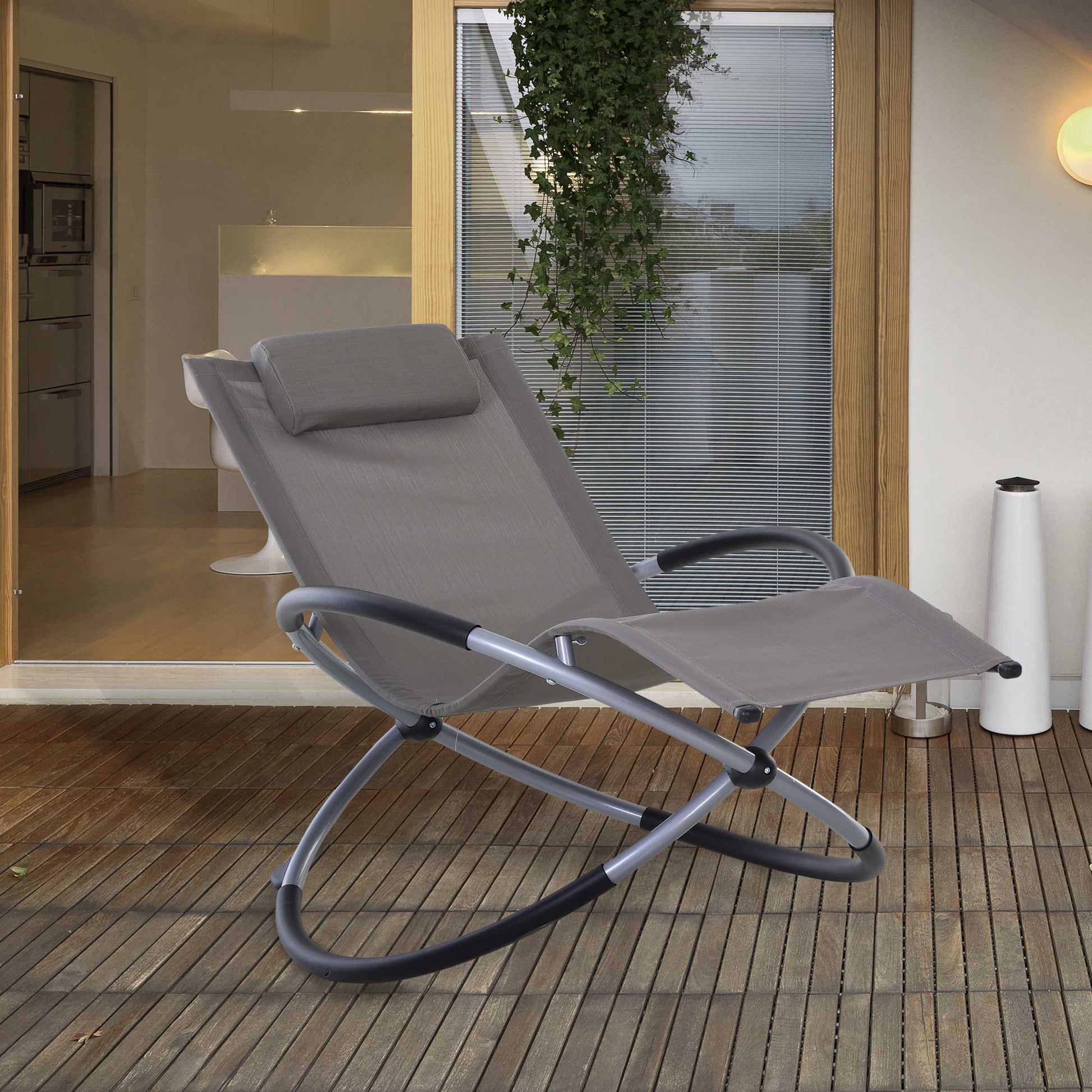 Outsunny Tumbona Mecedora De Jardín Con Reposacabezas 154x80x84cm Gris_1