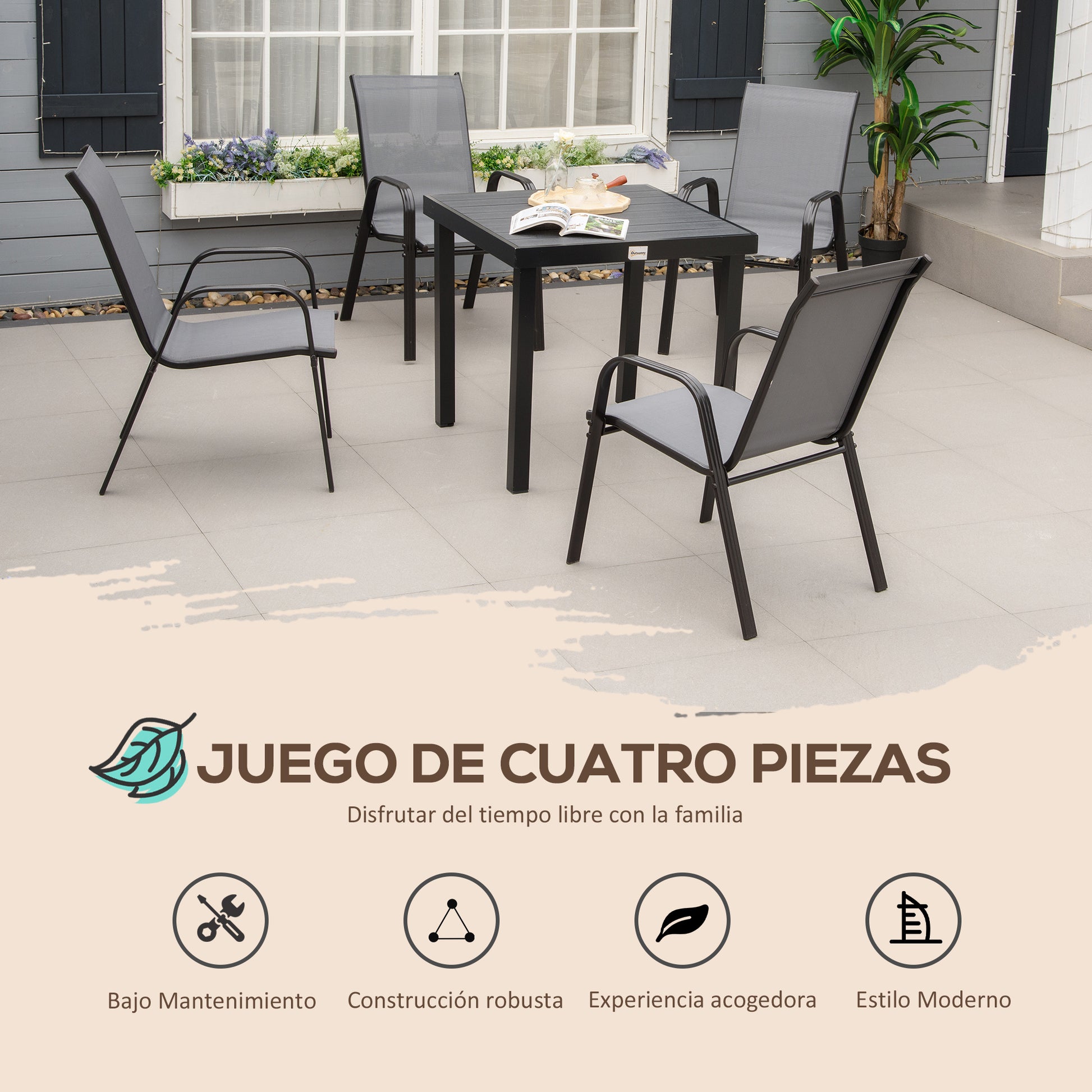 Outsunny Juego De 4 Sillas De Jardín Exterior 54x75,5x95 Cm Gris_3