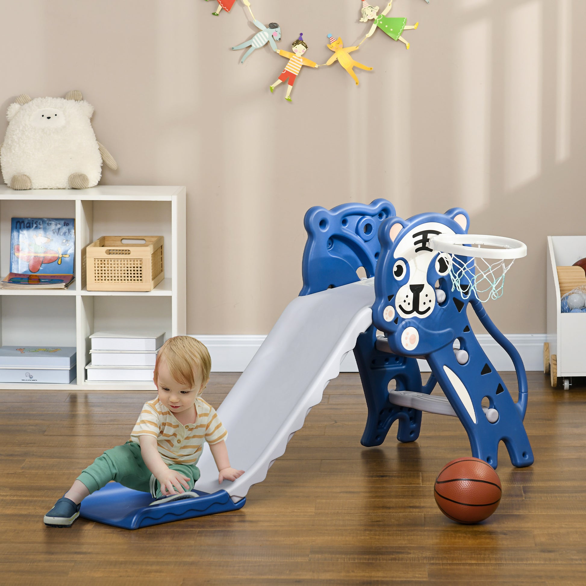 Aiyaplay Tobogán Infantil 3 En 1 Con Patrón De Tigre 133x60x70 Cm Azul Y Gris_1