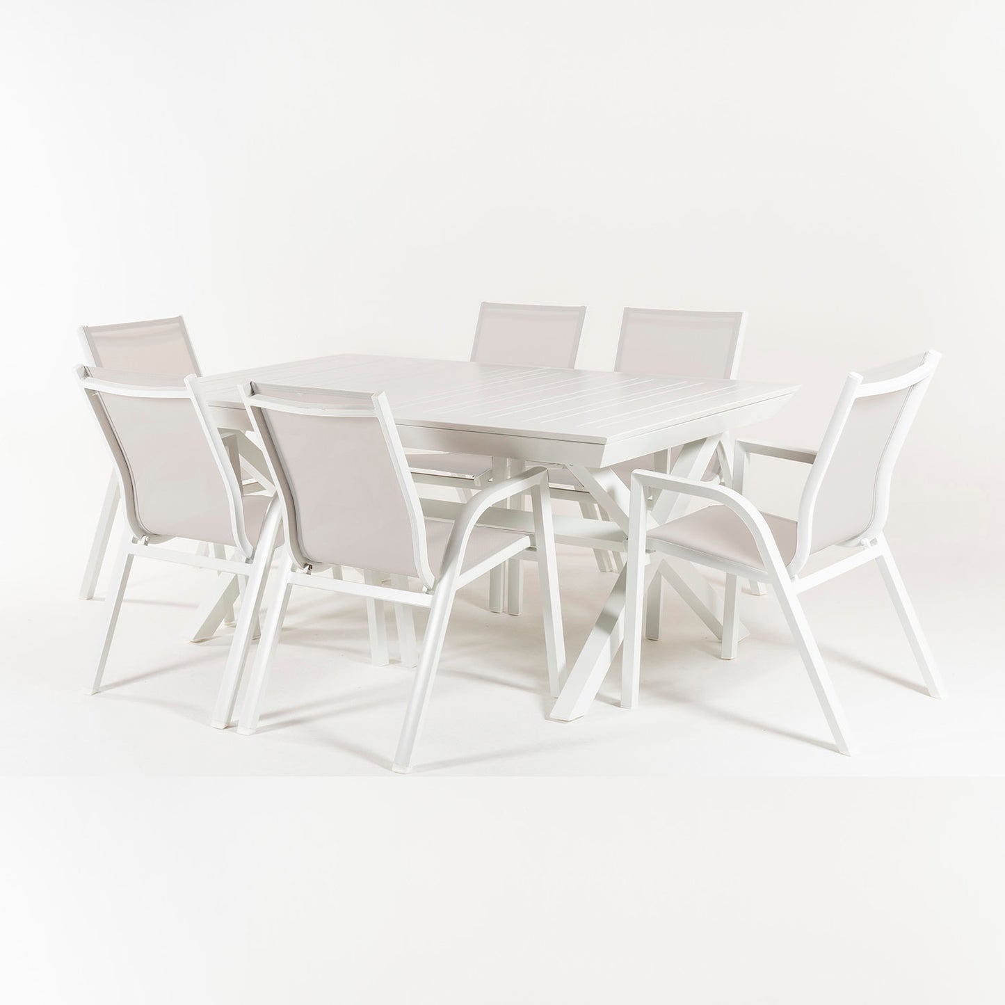 Conjunto De Mesas Y Sillas Sillones Apilables, Para Jardín, Aluminio Y Textilene, Color Blanco, Mesa:170x100x75 Silla: 90x66x56_2
