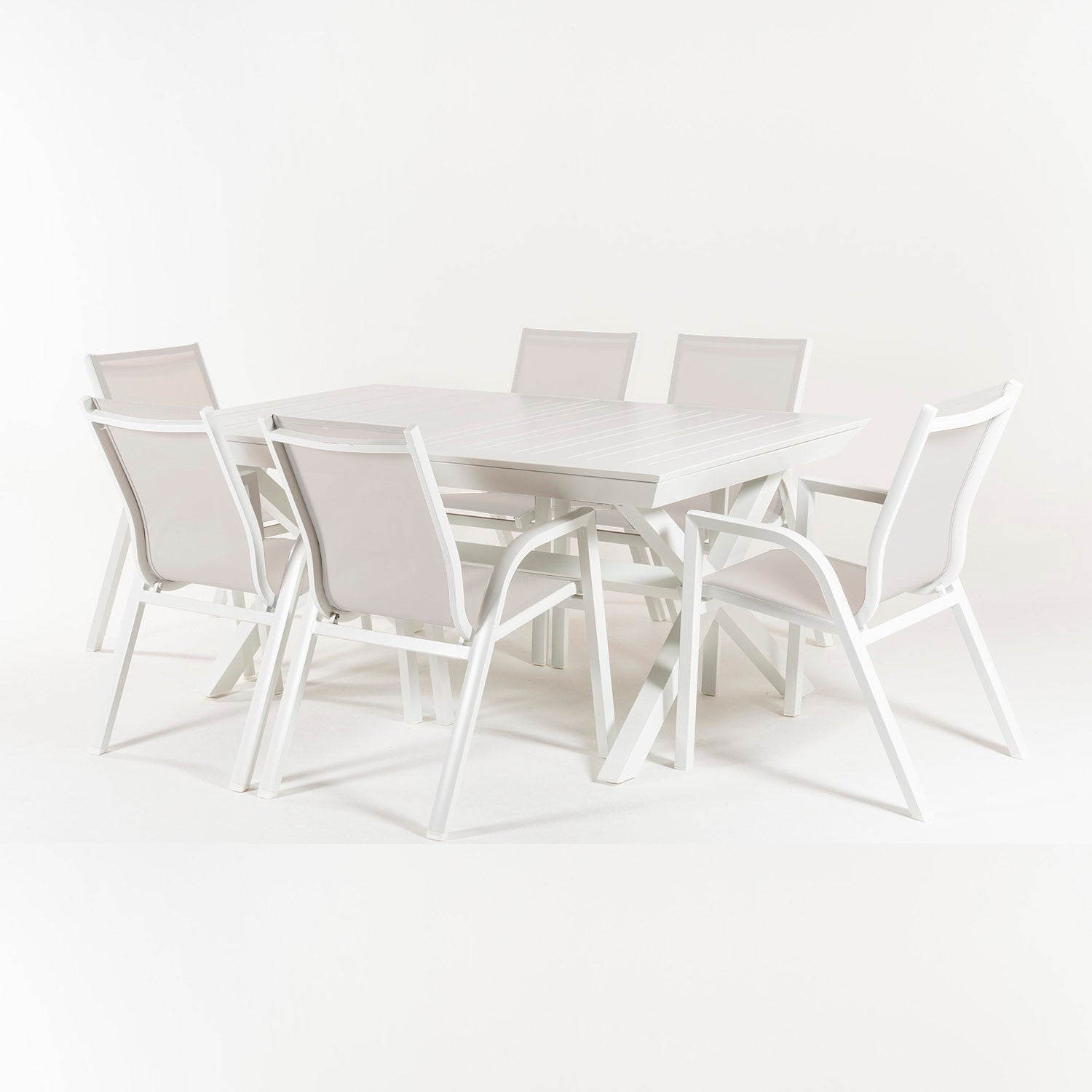 Conjunto De Mesas Y Sillas Sillones Apilables, Para Jardín, Aluminio Y Textilene, Color Blanco, Mesa:170x100x75 Silla: 90x66x56_2