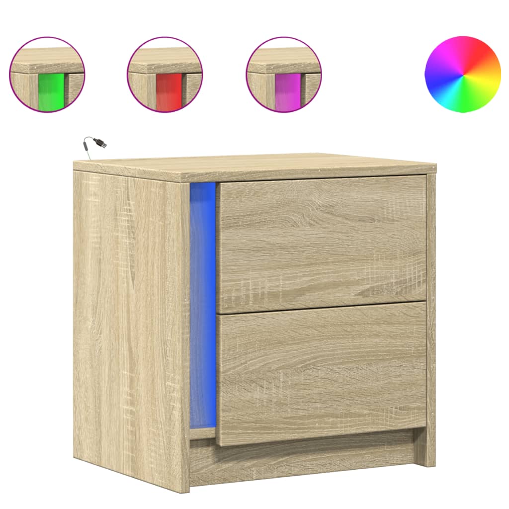 Mesita De Noche Con Luces Led Madera De Ingeniería Roble Sonoma_0