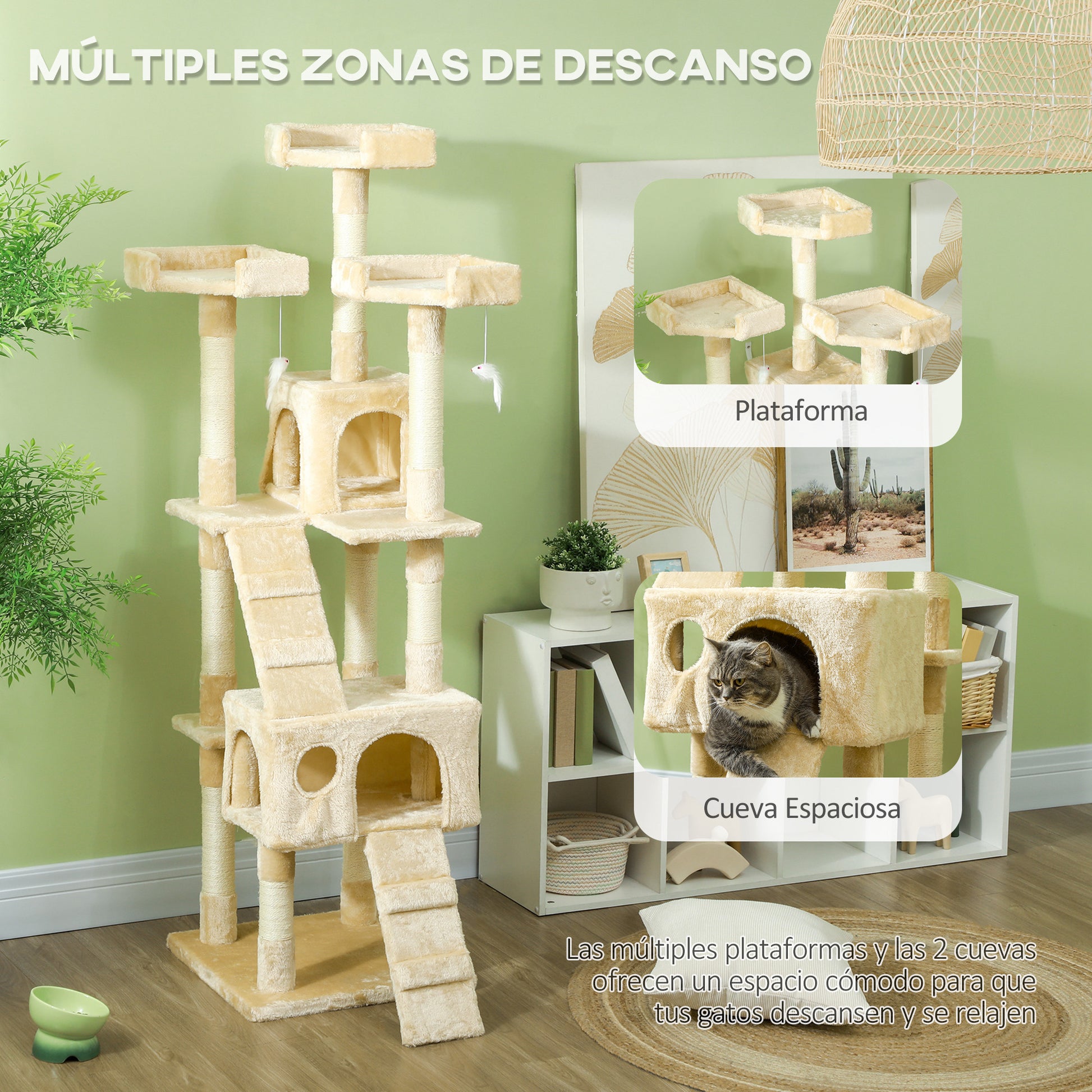 Pawhut Árbol Rascador Para Gatos Grande 49x49x173 Cm Con Múltiples Niveles Beige_5