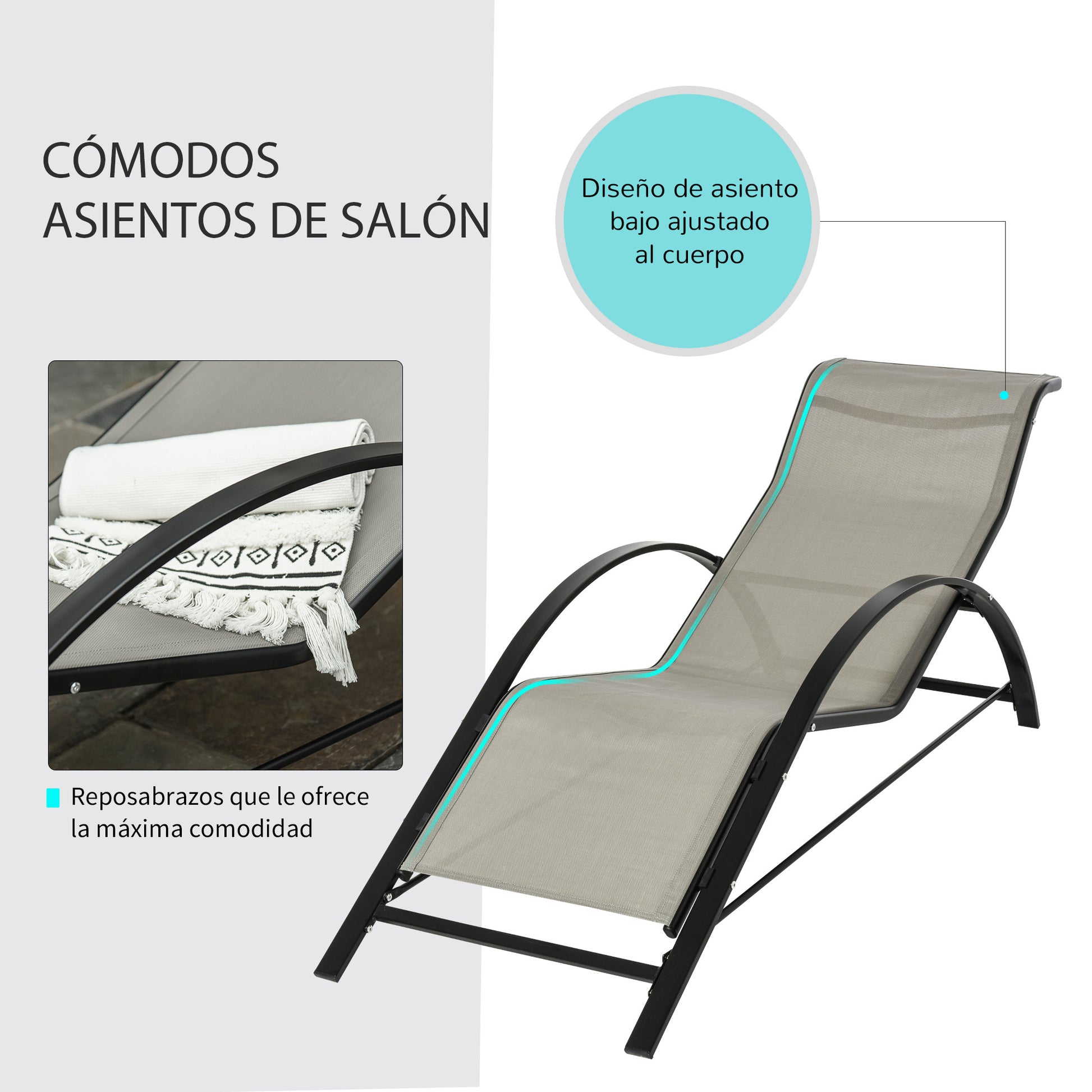 Outsunny Set De 2 Tumbonas Jardín Exterior Con Mesa Auxiliar Reposabrazos Gris_3