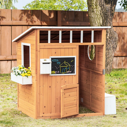 Outsunny Casa Infantil De Madera Con Banco Pizarra Y Macetero 122x108x135,5 Cm_1
