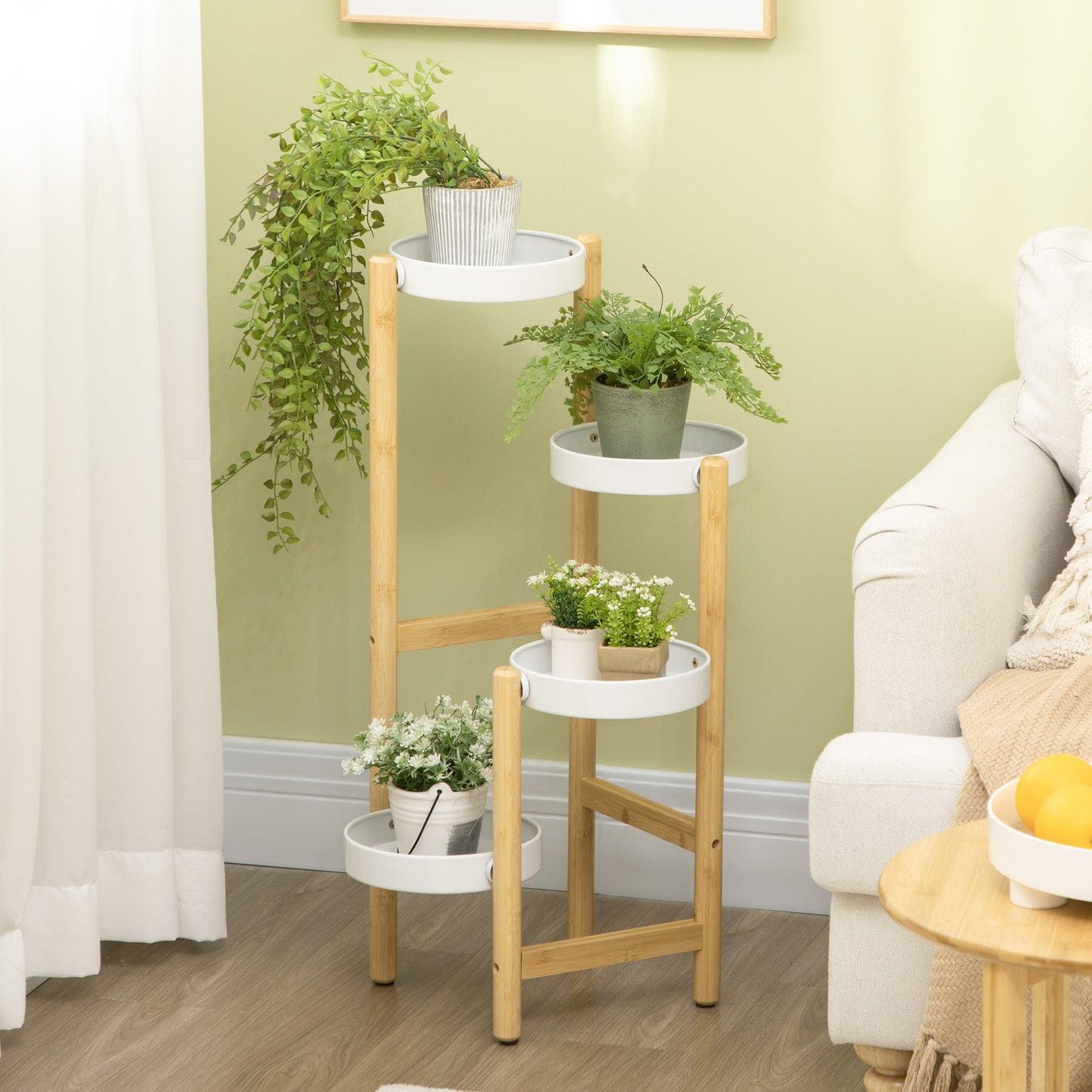 Outsunny Soporte Para Plantas Con Pies De Bambú Ø28x80 Cm Naturaly Blanco_1