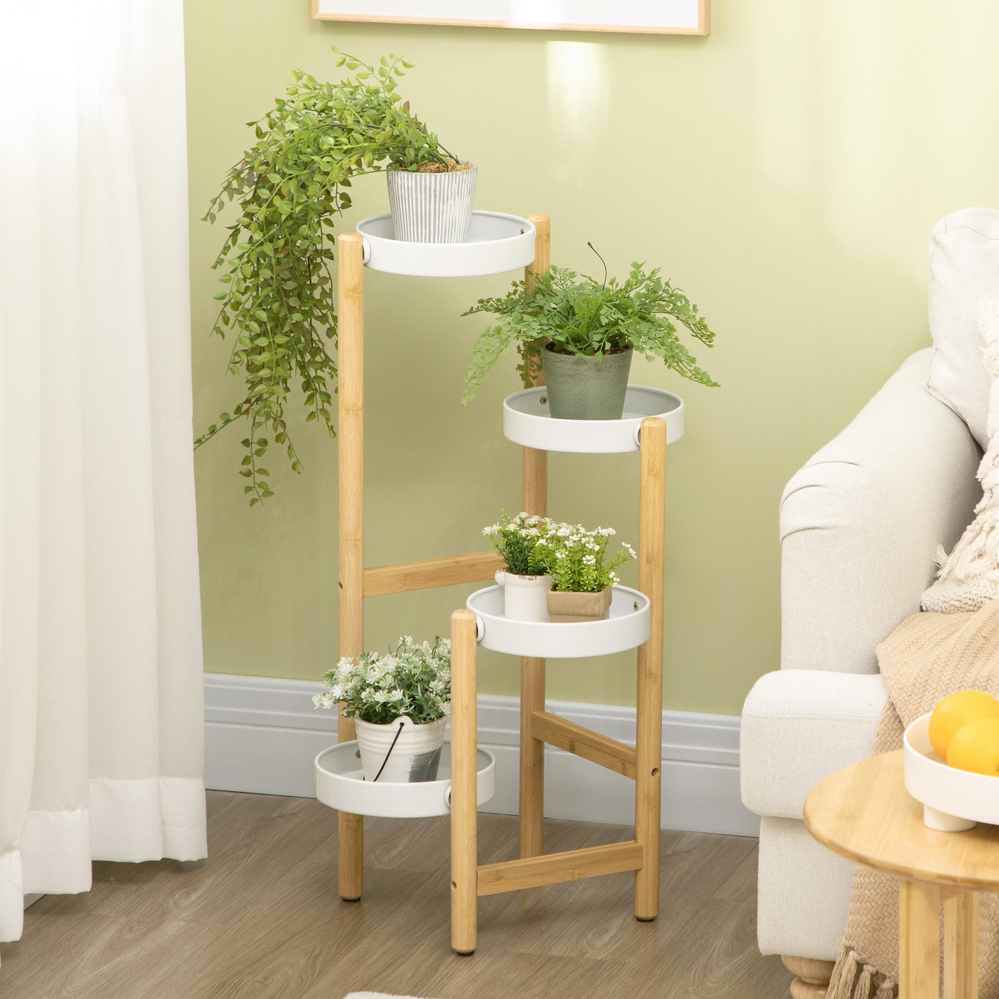 Outsunny Soporte Para Plantas Con Pies De Bambú Ø28x80 Cm Naturaly Blanco_1