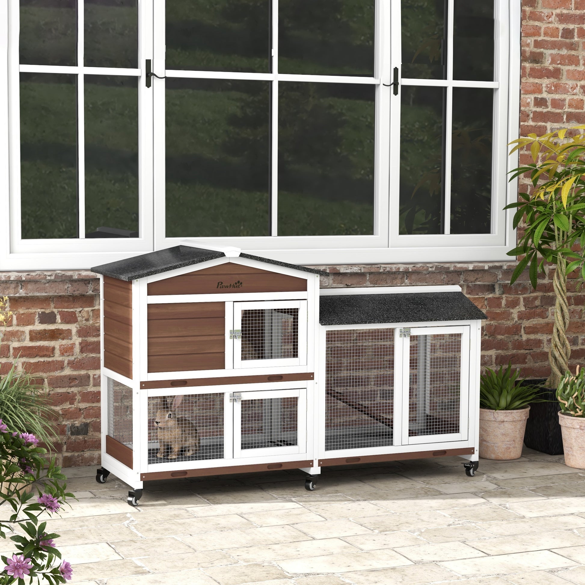Pawhut Conejera De Madera 157,4x53x99,5 Cm Con Ruedas Techo Asfáltico Marrón_1