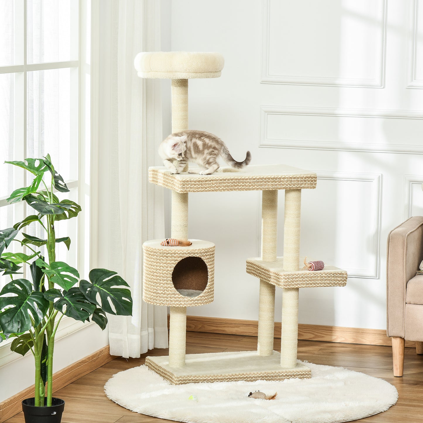Pawhut Árbol Rascador Gatos Con Cueva Y Múltiples Plataformas 60x40x135cm Beige_1