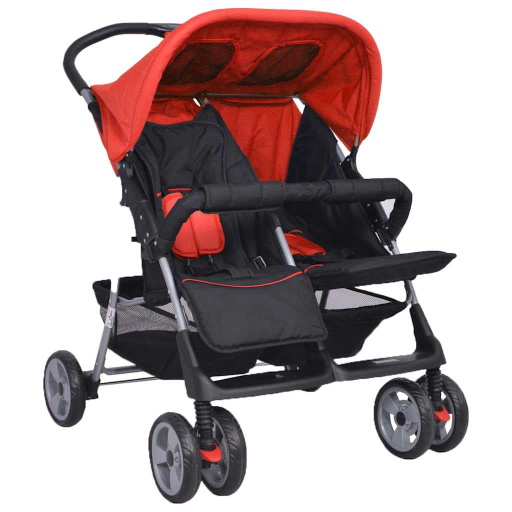 Vidaxl Cochecito Gemelar De Acero Rojo Y Negro_4