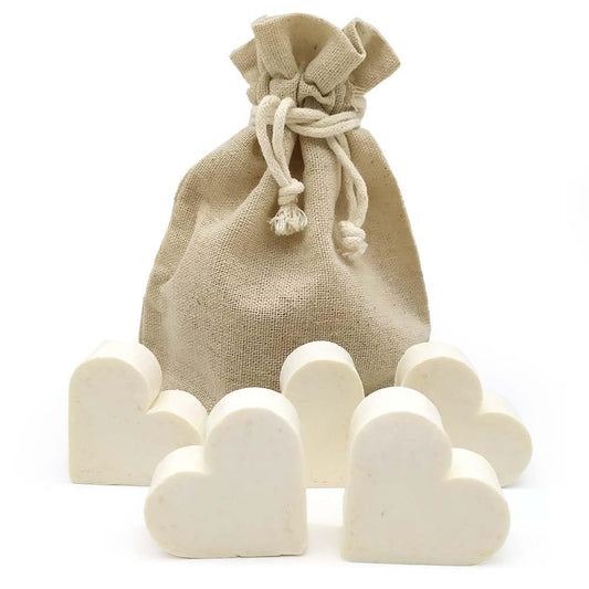 Bolsa De Yute Con 5 Jabones - Aroma Coco - Jabón De Glicerina Con Forma De Corazón - Detalle Para Invitados_0