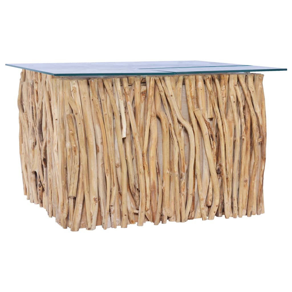 Mesa De Centro Con Superficie De Vidrio Teca Maciza 66x66x40 Cm_3