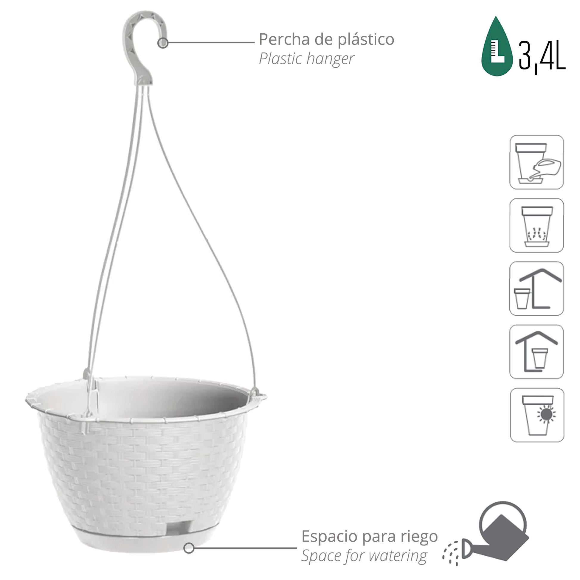Macetero Colgante Ratolla Round W 3,4l., Dimensiones (mm) 217x217x142, Color Blanco_2
