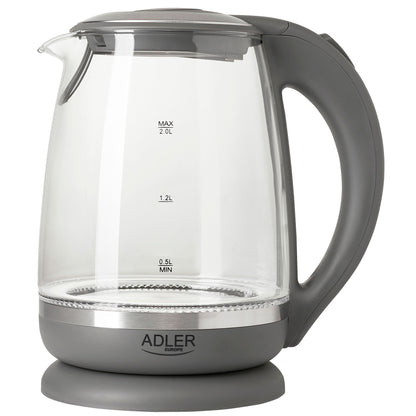 Hervidor Agua Eléctrico 2,0 Litros Jarra Cristal Inalámbrica Retroiluminada, Apagado Automático Adler Ad1286, 2200w_0