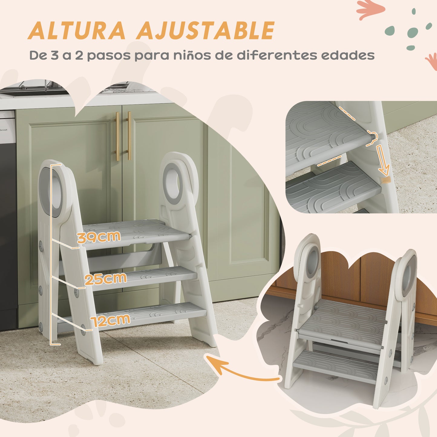 Aiyaplay Taburete Para Niños Plegable Y Ajustable Con Asa Gris Y Blanco_4