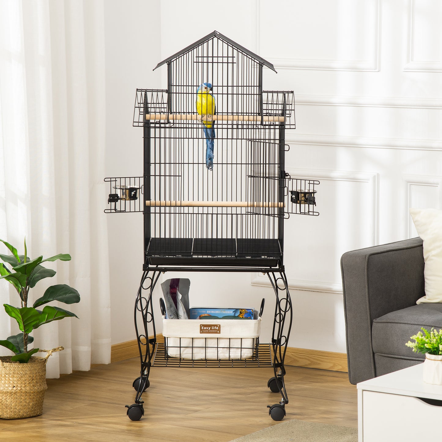 Pawhut Jaula Para Pájaros Con Ruedas Con Bandeja Extraíble Comederos 50x49x137cm_1