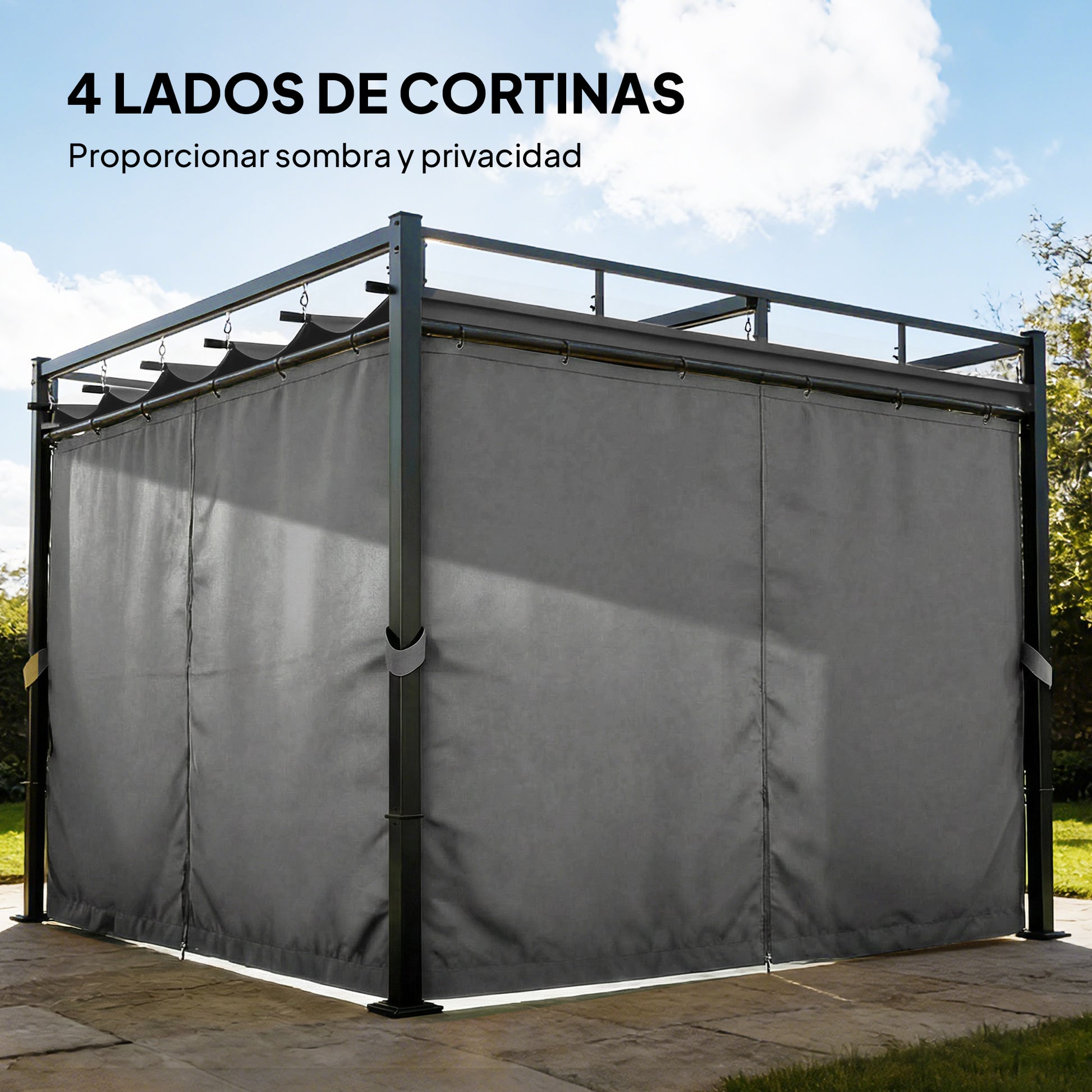 Outsunny Pérgola De Jardín 3x3 M Con Techo Retráctil Y 4 Cortinas_4