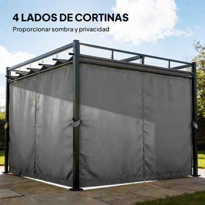 Outsunny Pérgola De Jardín 3x3 M Con Techo Retráctil Y 4 Cortinas_4