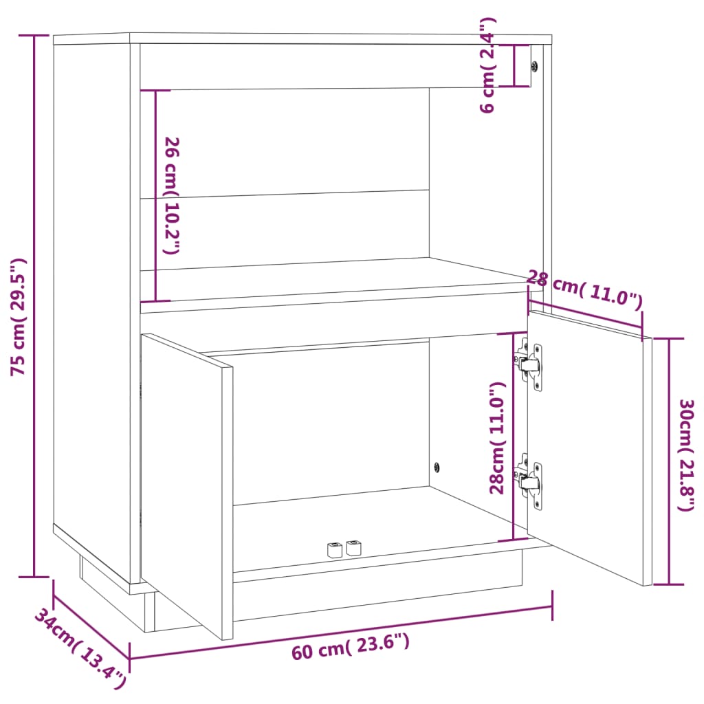 Aparador De Madera Maciza De Pino Gris 60x34x75 Cm / Vetonek_3