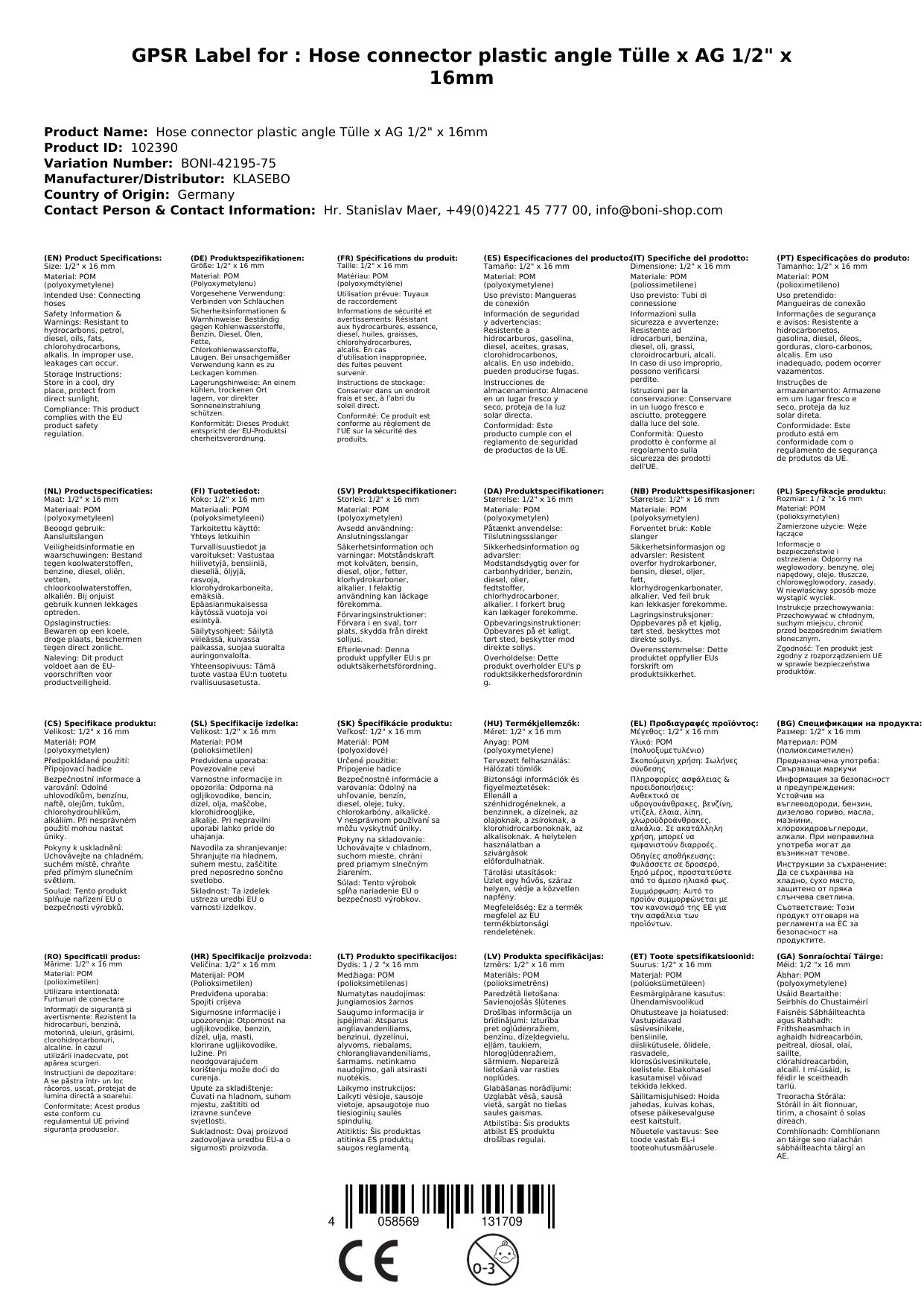 Conector De Manguera 16mm, Angular, Plástico, 1/2 Pulgada