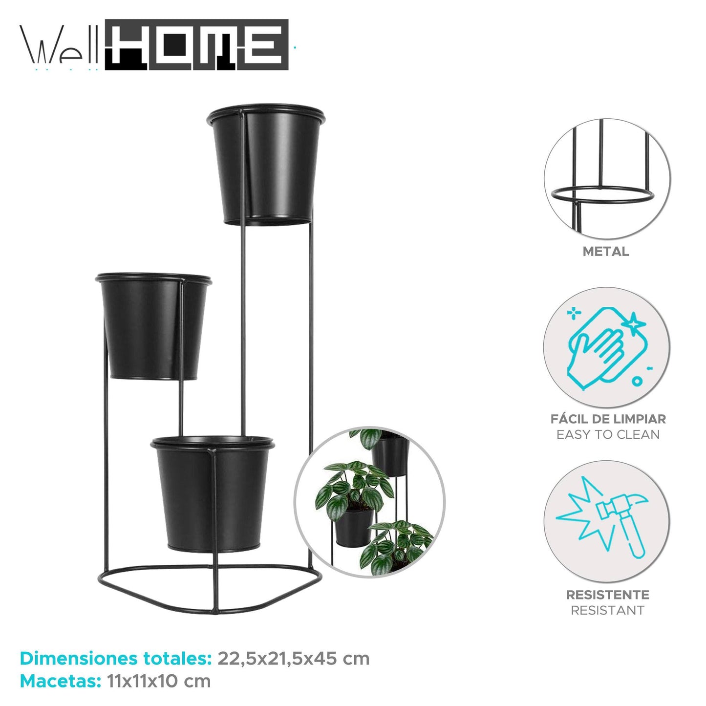 Well Home - Florero Metálica Con 3 Macetas (ø11x10cm) Con Marco Negro H.46,5cm