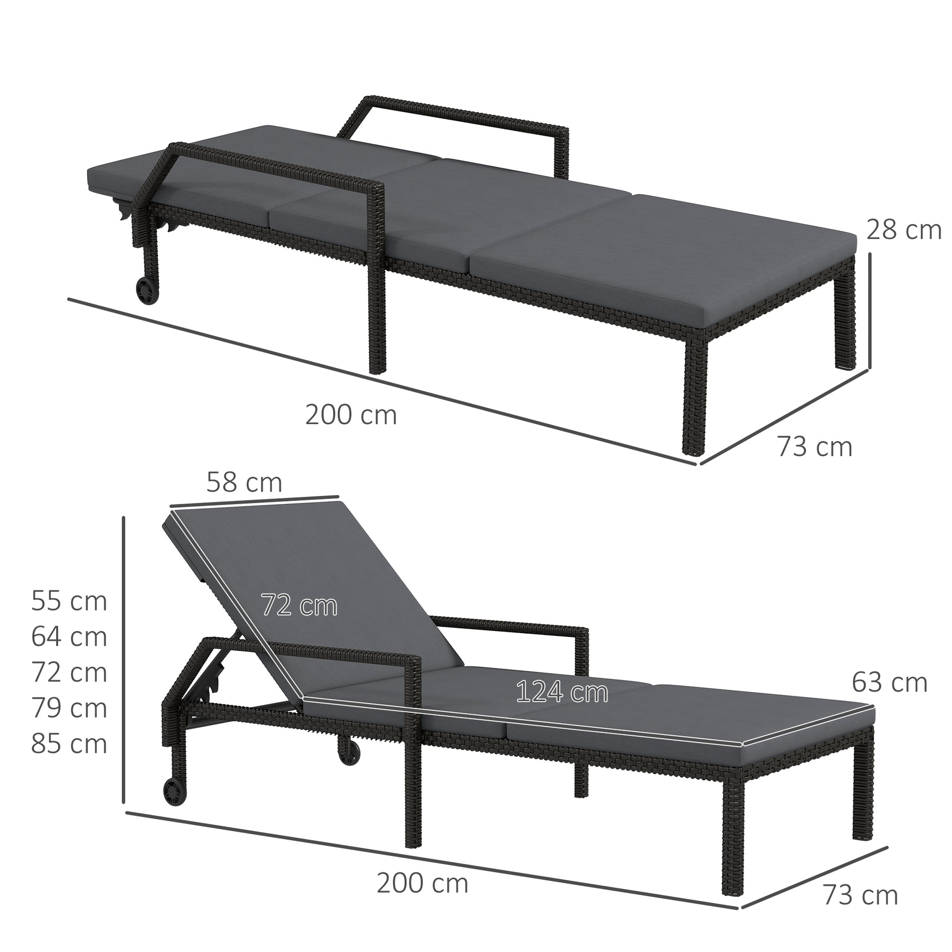 Outsunny Tumbona De Ratán Con Respaldo Ajustable 73x200x48cm Gris Oscuro Y Negro_2