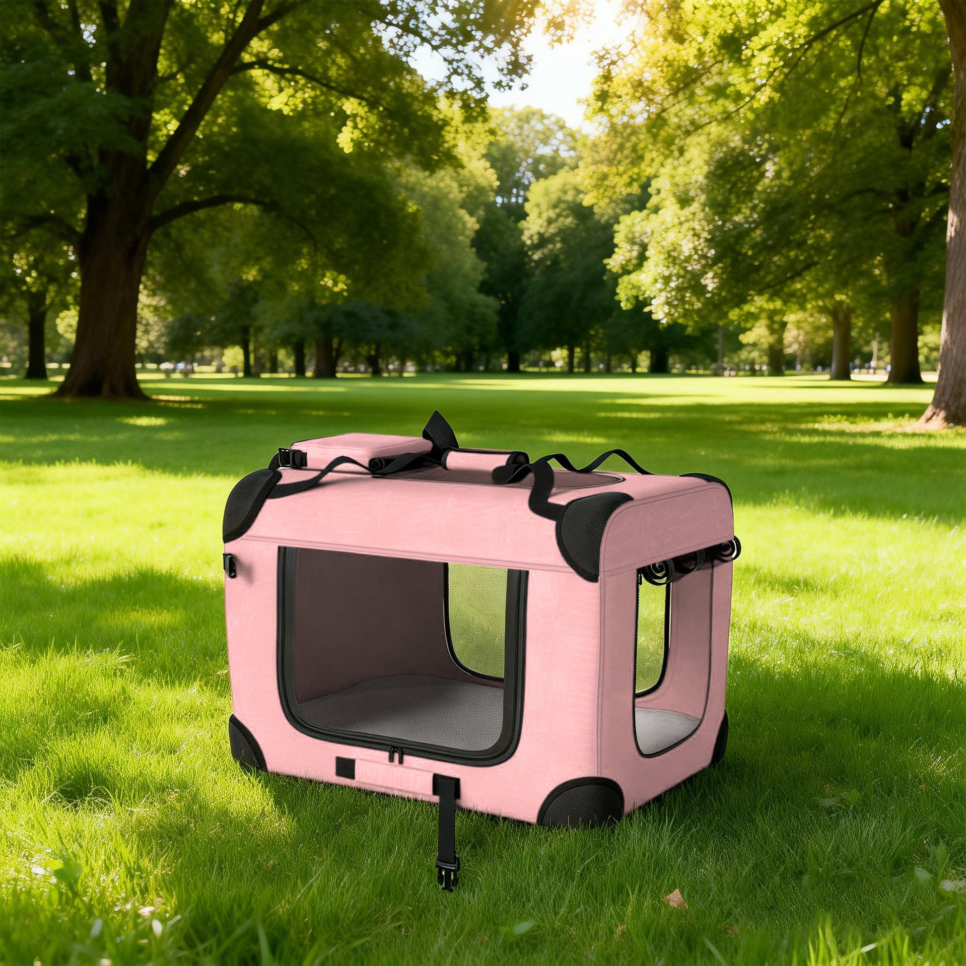 Pawhut Transportín Perro Gato Plegable 60x41,5x41 Cm Con Puertas Cojín Rosa_1