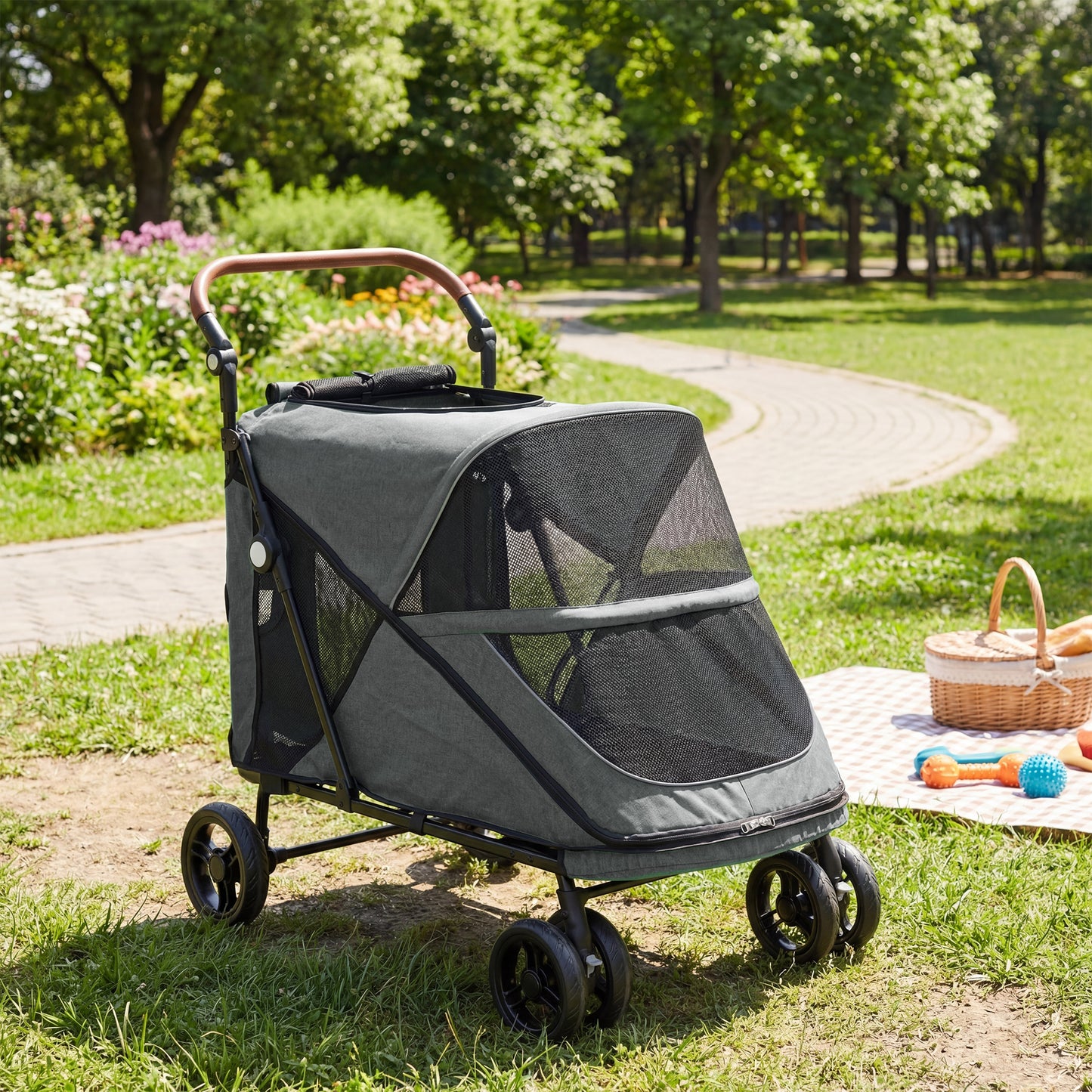 Pawhut Carrito Para Perros Plegable Con Un Botón Hasta 30 Kg Con Suspensión Gris_1