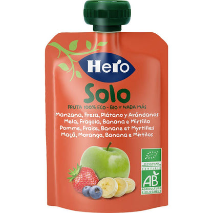 Bolsita fruta 100% Eco sabor manzana, fresa, plátano y arándanos 100 g. Hero Solo