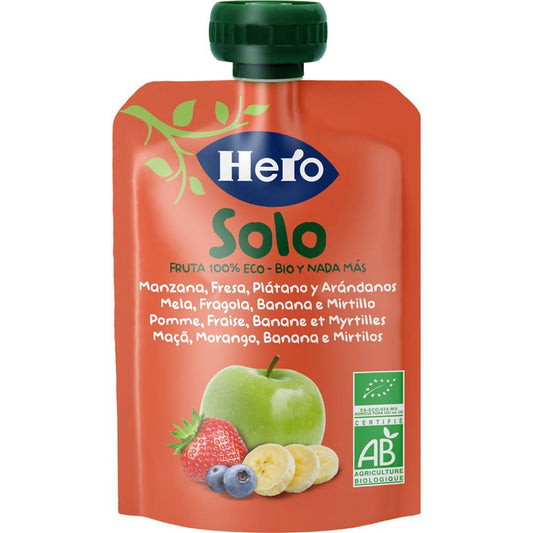 Bolsita fruta 100% Eco sabor manzana, fresa, plátano y arándanos 100 g. Hero Solo