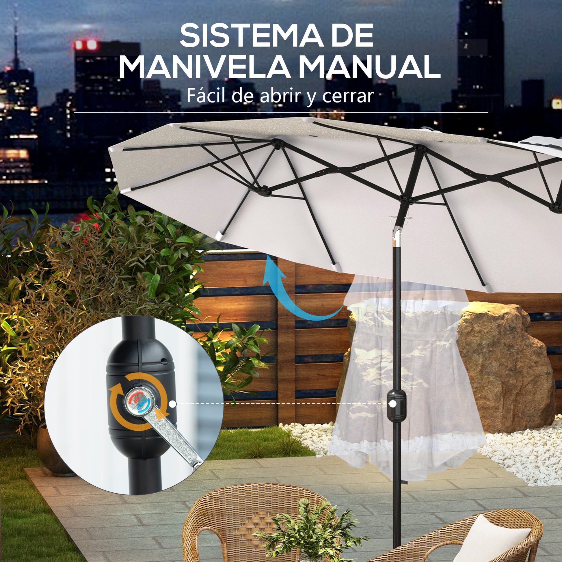 Outsunny Sombrilla Doble 295x152x222 Cm Con Inclinación De 45° Manivela Crema_5