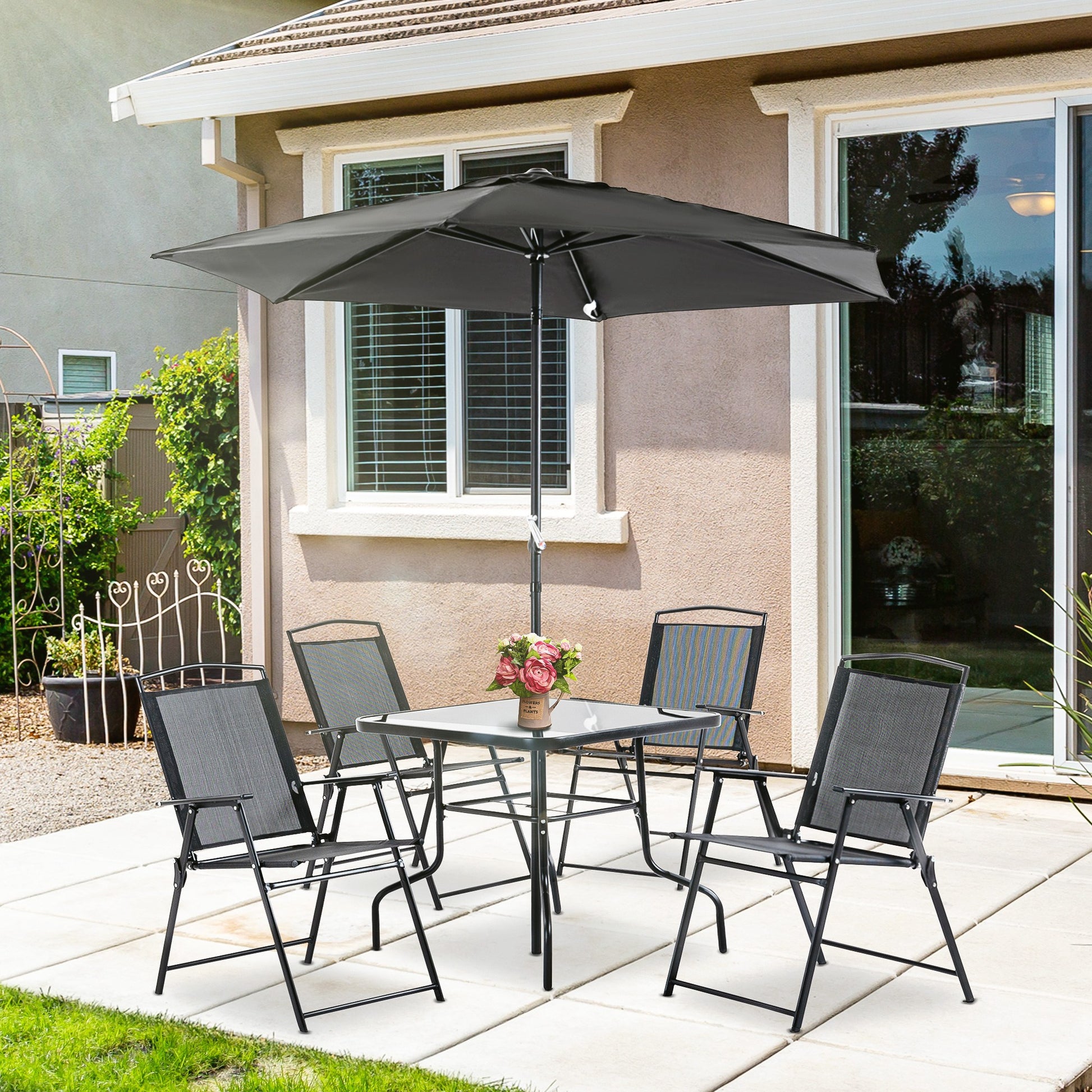 Outsunny Conjunto Muebles Jardín Con 4 Sillas Plegables Mesa Y Sombrilla Negro_1