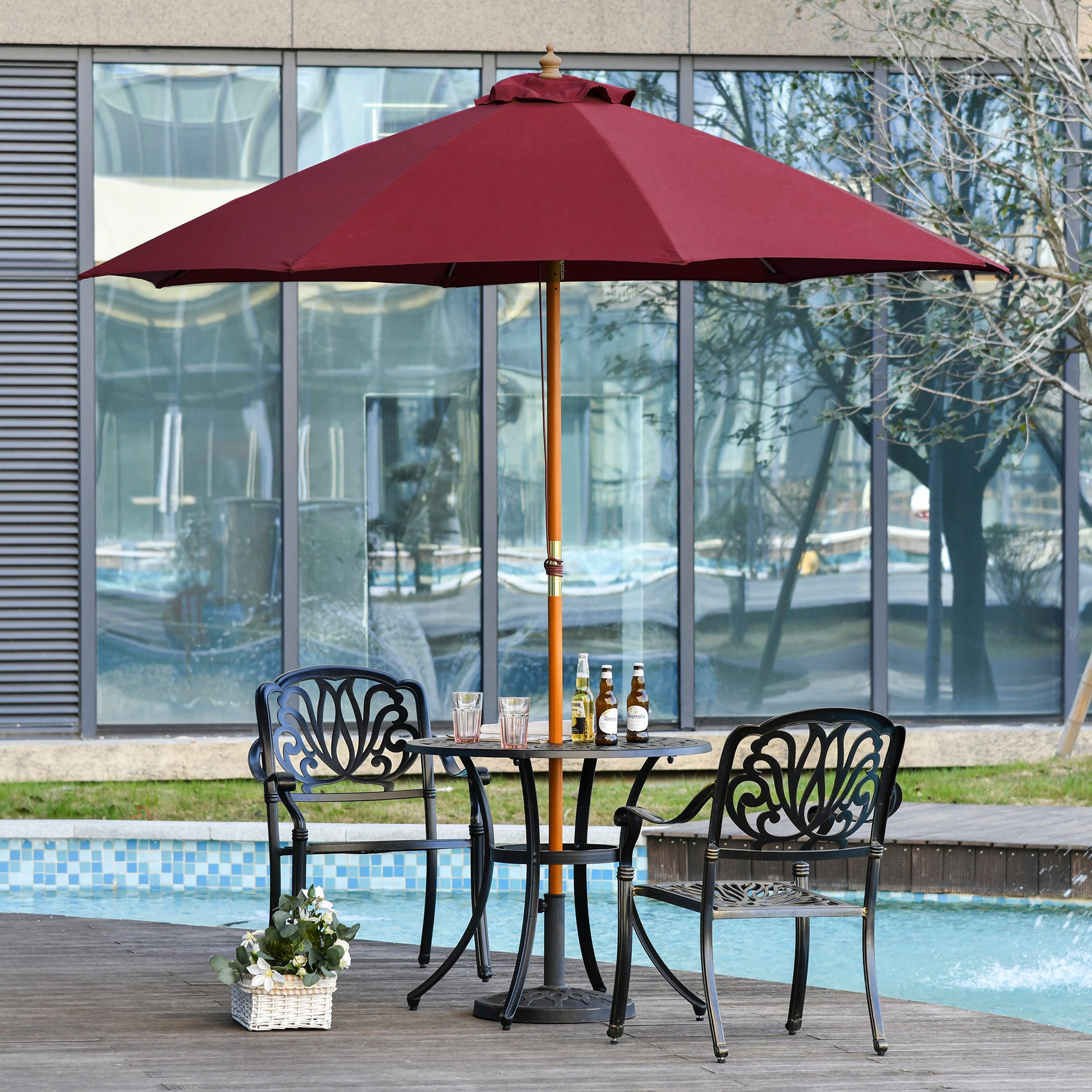 Outsunny Sombrilla De Madera Ajustable Ventilación Sistema Polea Ø257x253cm Rojo_1