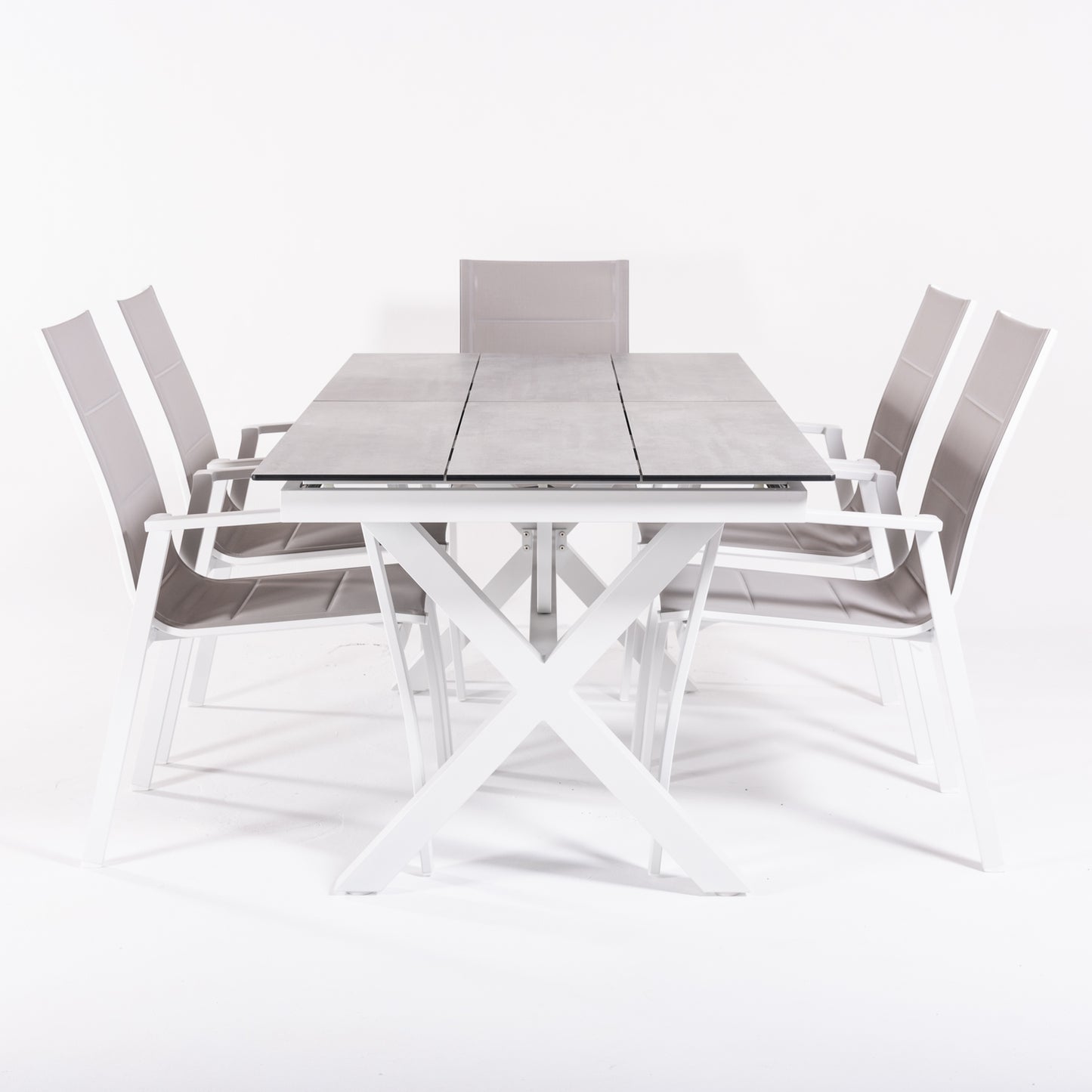 Conjunto De Mesas Y Sillas Acolchadas De Terraza, Mesa Extensible 180 A 240 Cm, Aluminio Y Hpl, Color Blanco_3