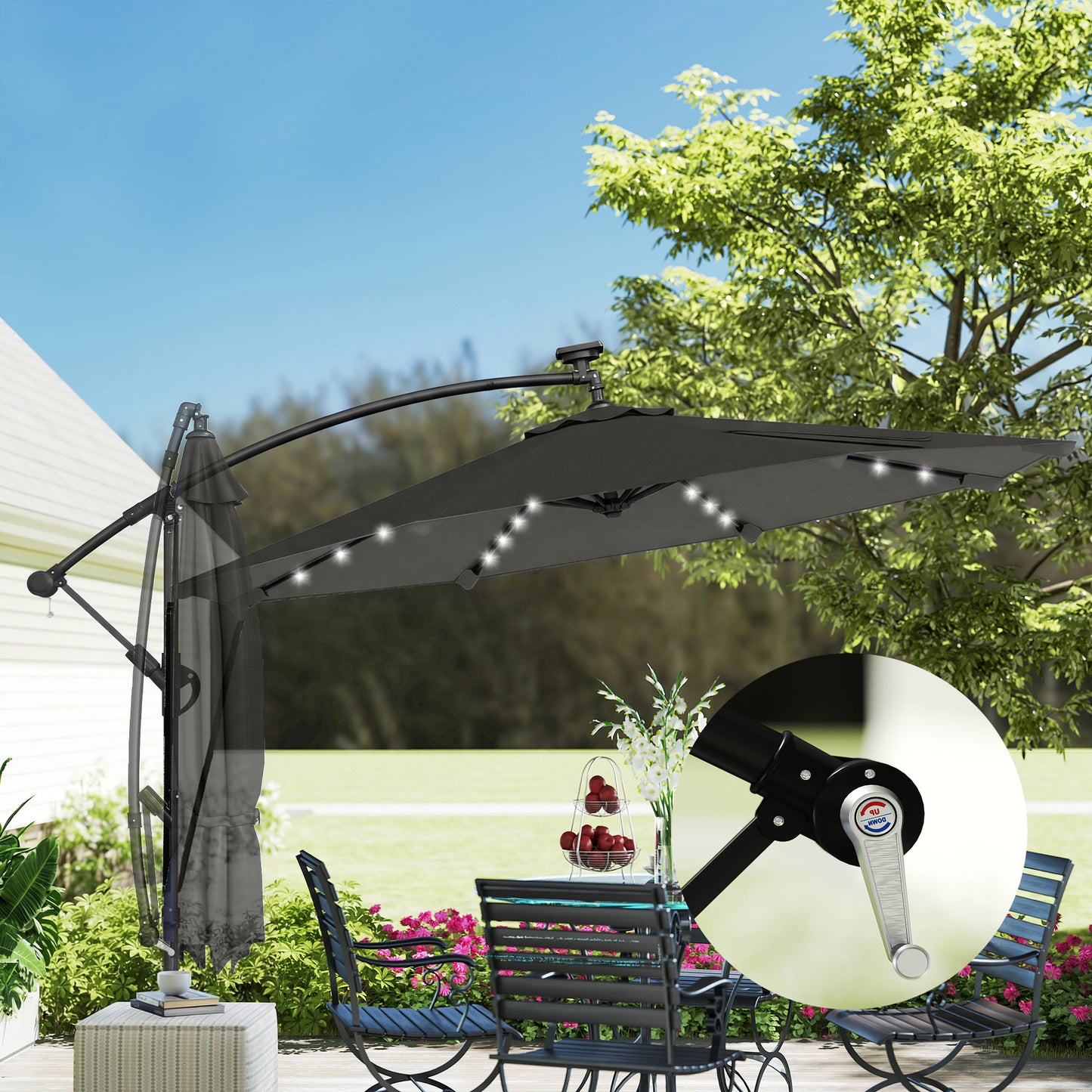 Outsunny Parasol Excéntrico De Aluminio Con Luces Led Base Cruzada Ø345 Cm Gris_4