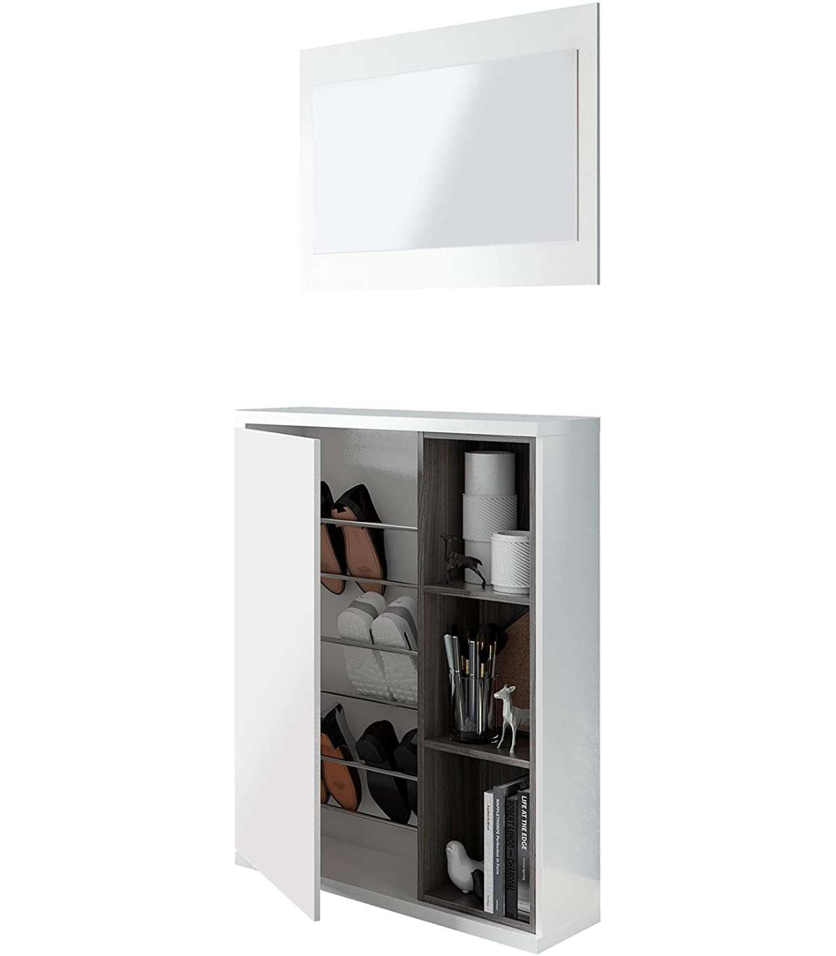 Recibidor Zapatero 1 Puerta Con Espejo Albox Acabado Blanco Brillo/gris 79 Cm(ancho) 108 Cm(altura) 25 Cm(fondo)_5