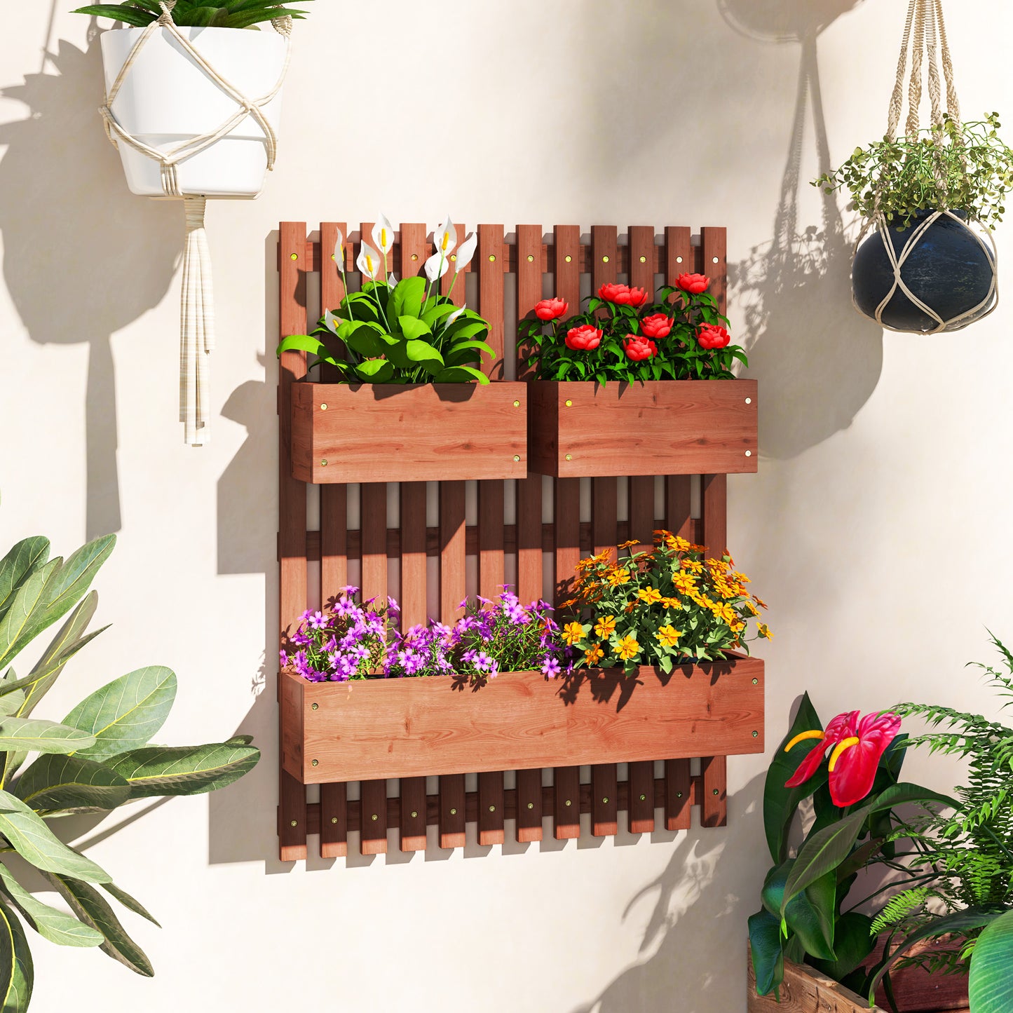 Outsunny Jardinera De Pared Con Enrejado De Madera 3 Macetas Móviles 60x16x80 Cm_1
