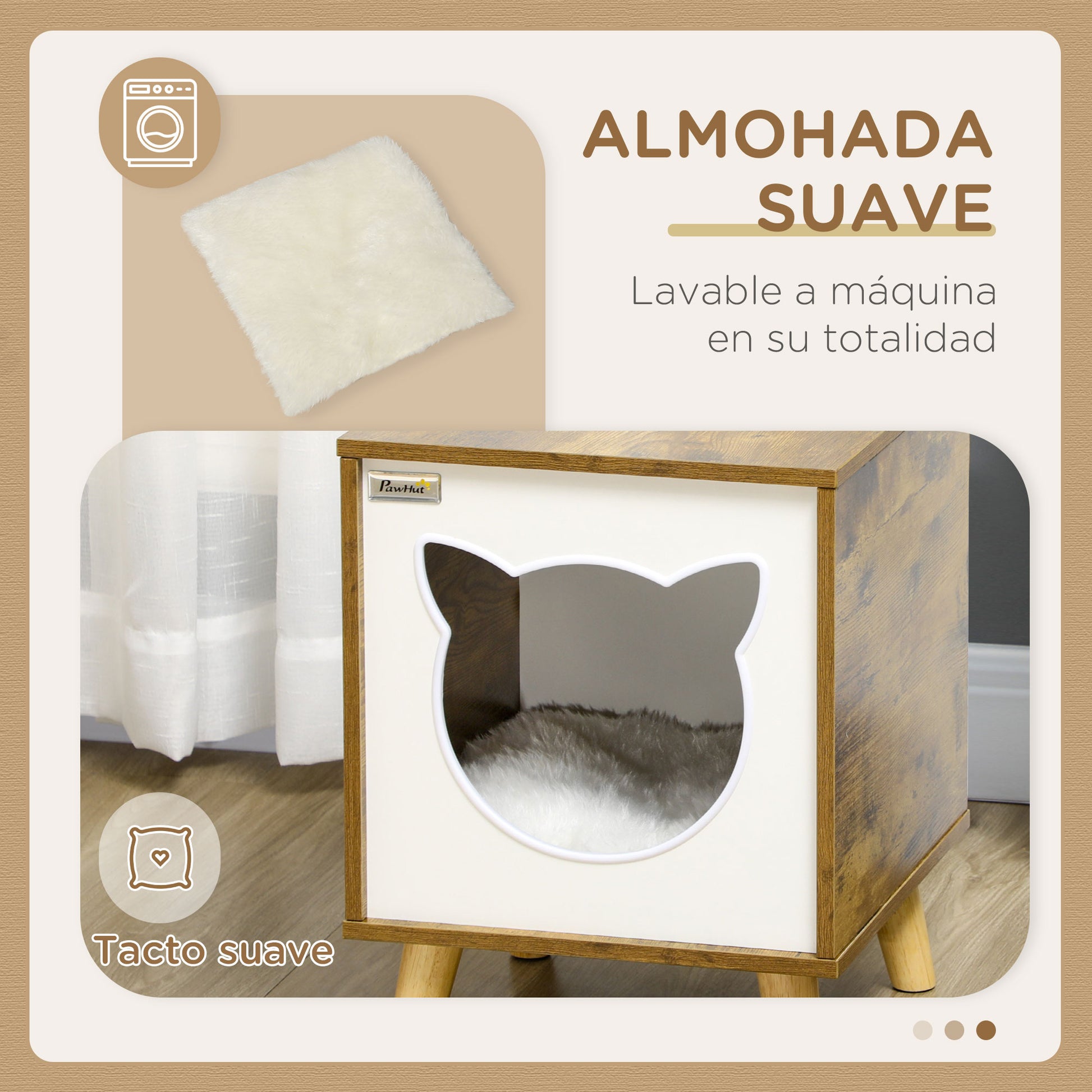 Pawhut Caseta De Madera Para Gatos Casa Para Gatos Interior Cuerva De Gatos Con Cojín Lavable Y Patas Elevadas 34x34x44_4