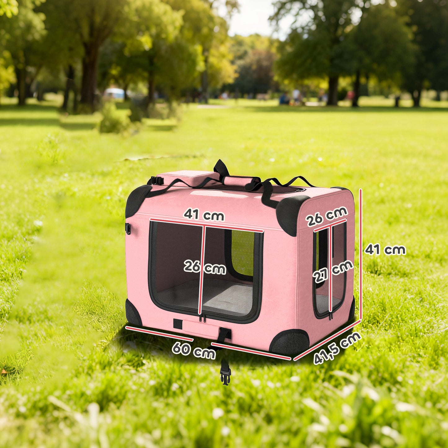 Pawhut Transportín Perro Gato Plegable 60x41,5x41 Cm Con Puertas Cojín Rosa_2