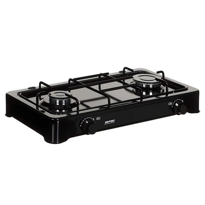 Cocina Gas Portátil Camping, 2 Quemadores, Rejilla Esmaltada, Tapa Protectora, Normativa G30-37 Mbar Mpm Kn-02/1kb Negro