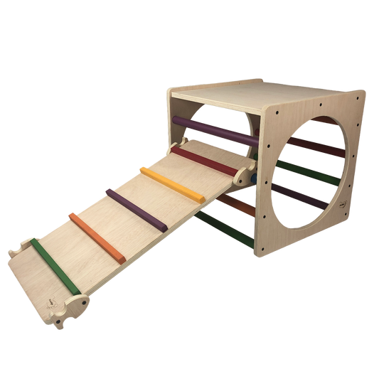 Cubo De Escalada/aprendizaje Pikler De Madera + Rampa Listones De Colores. Med: 50 X 50 X 50 Cm. Cunkrl0008. Woodgo._0