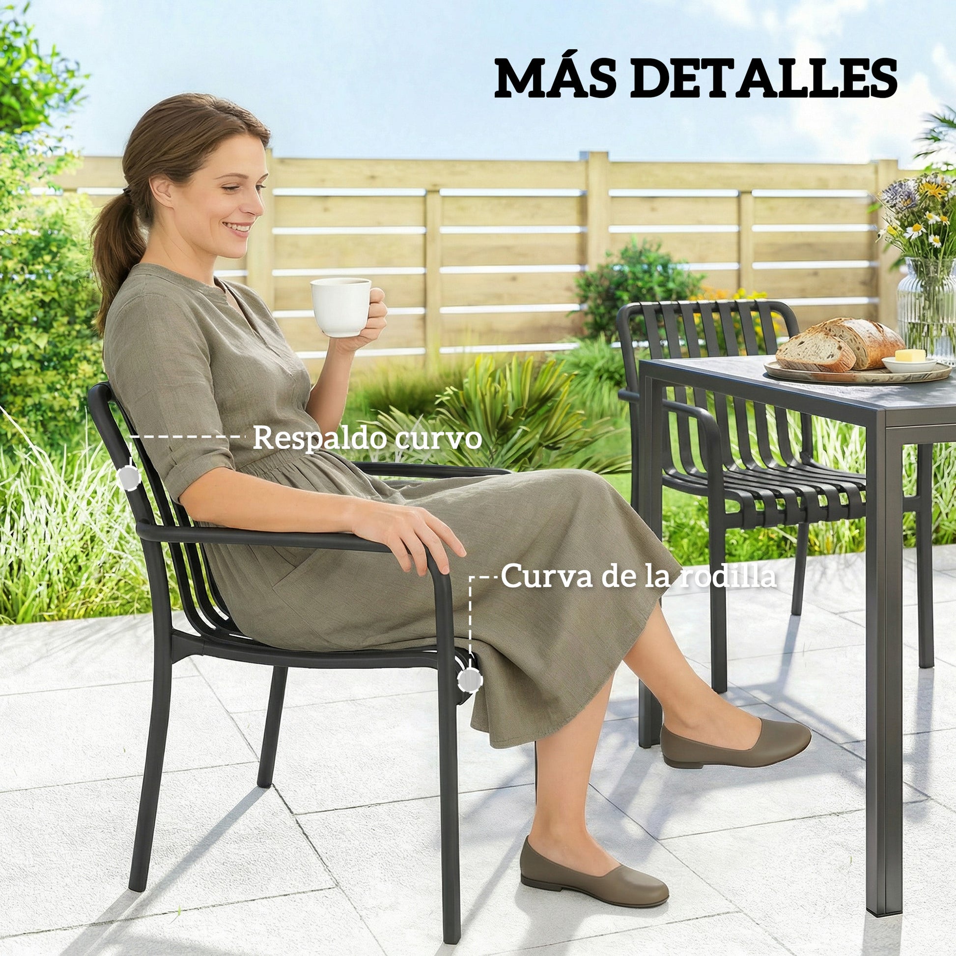 Outsunny Juego De 4 Sillas De Jardín Exterior Apilables Respaldo Curvado Negro_3