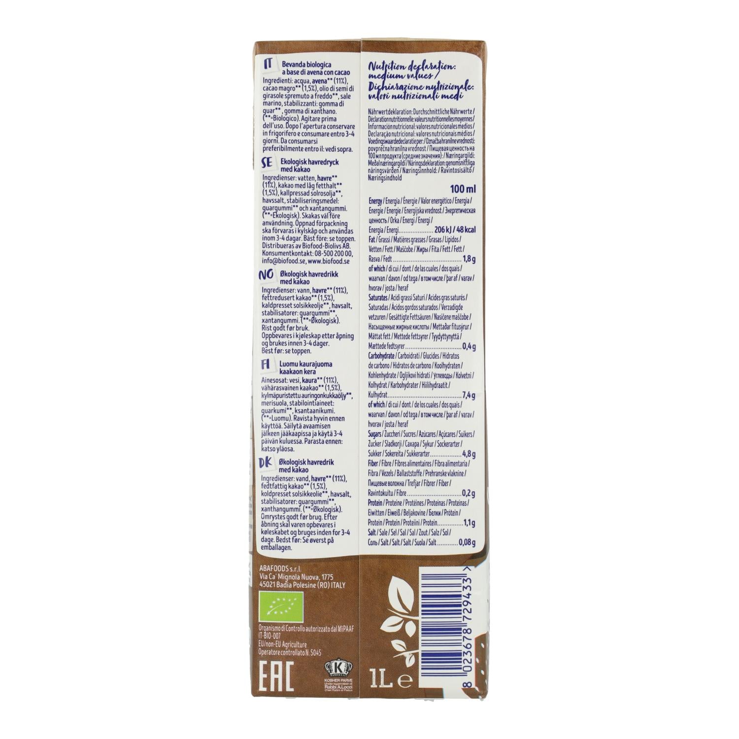 Bebida BIO Avena y Cacao sin azúcares añadidos Isola Bio 1 L