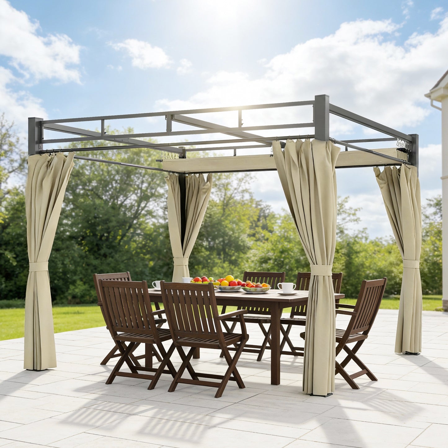 Outsunny Pérgola De Jardín 3x3 M Con Techo Retráctil Y Cortinas Anti-uv Beige_4