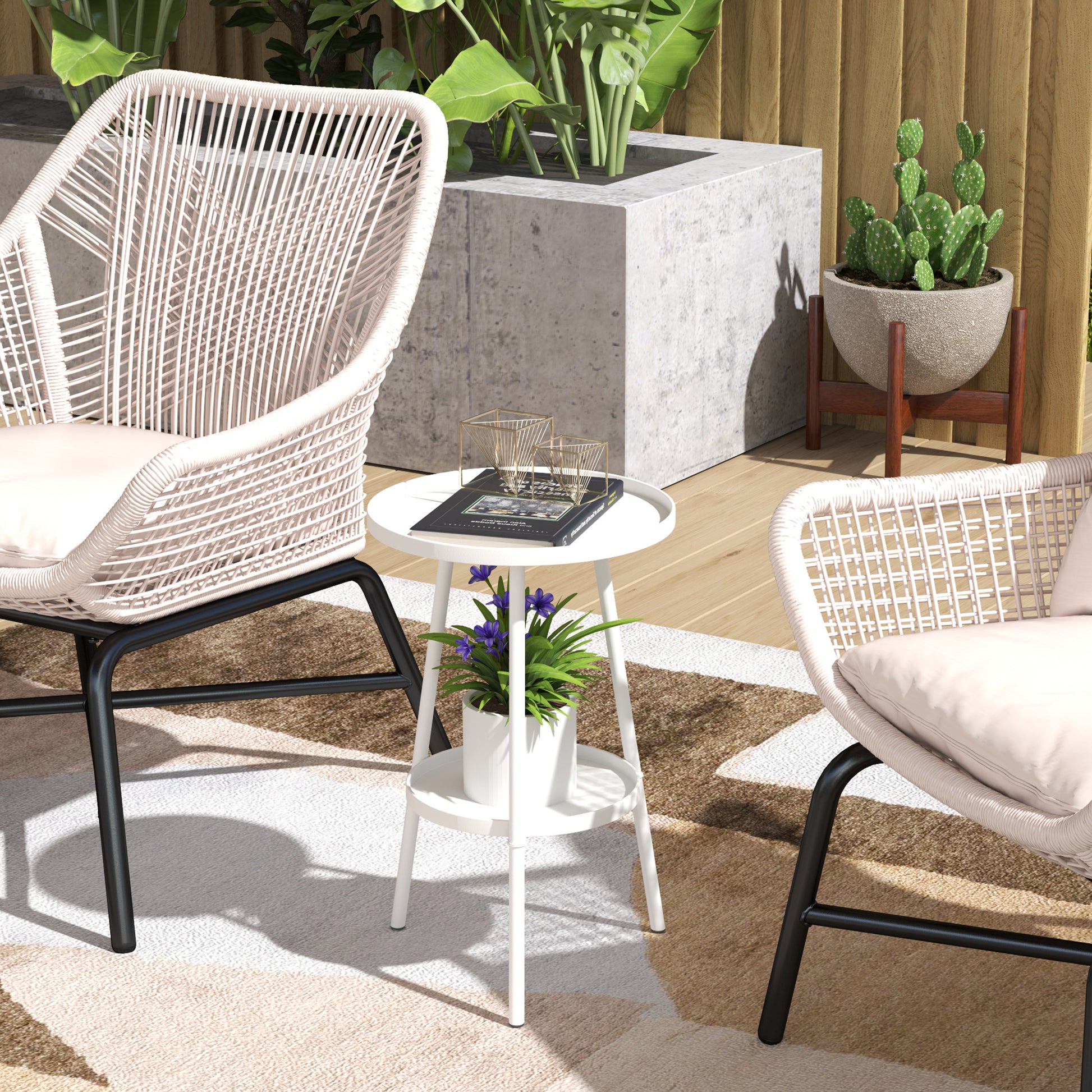 Outsunny Mesa De Jardín Redonda De 2 Niveles Con Bandeja Inferior Blanco_1