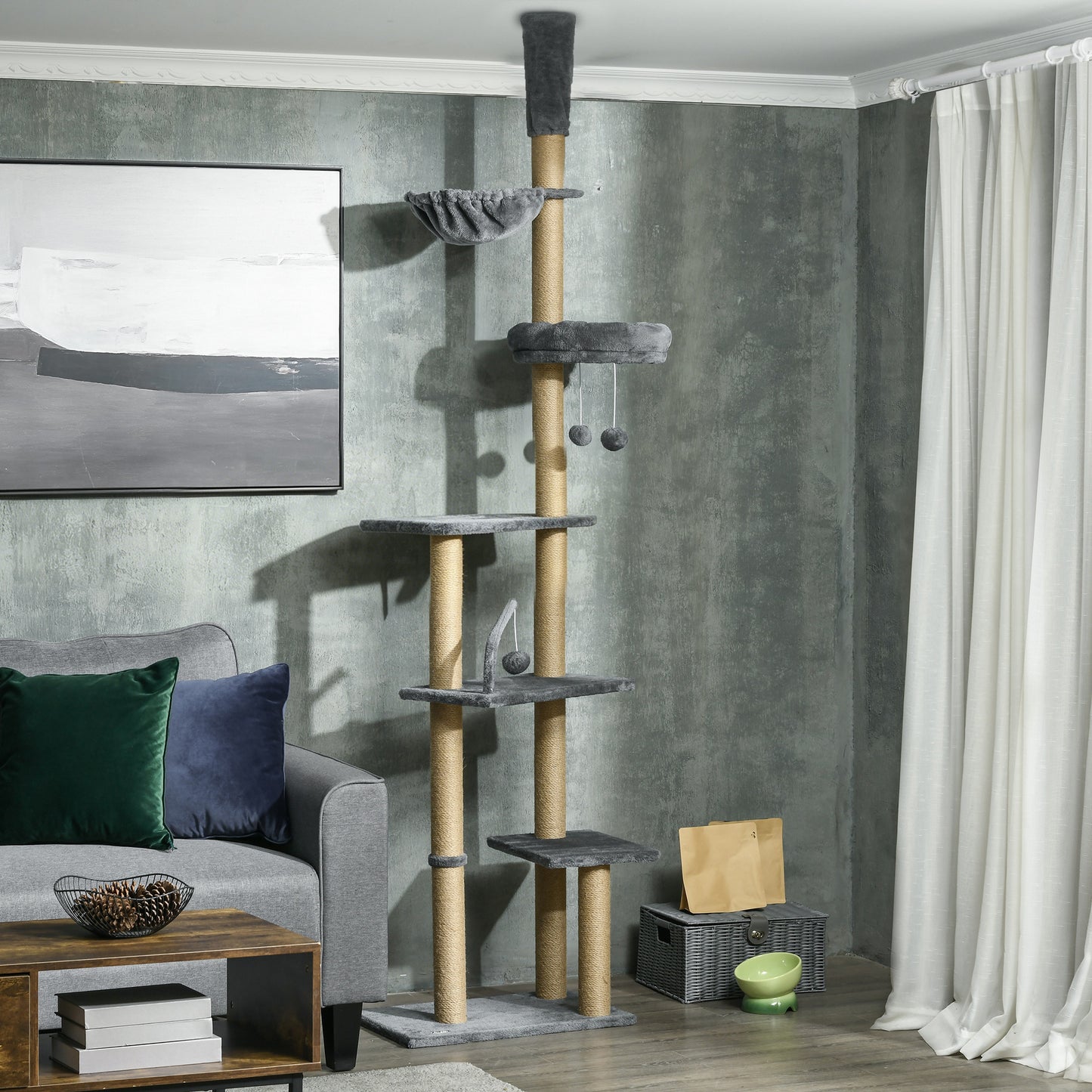 Pawhut Árbol Para Gatos De Suelo A Techo De 230-250cm Con Altura Ajustable Gris_1